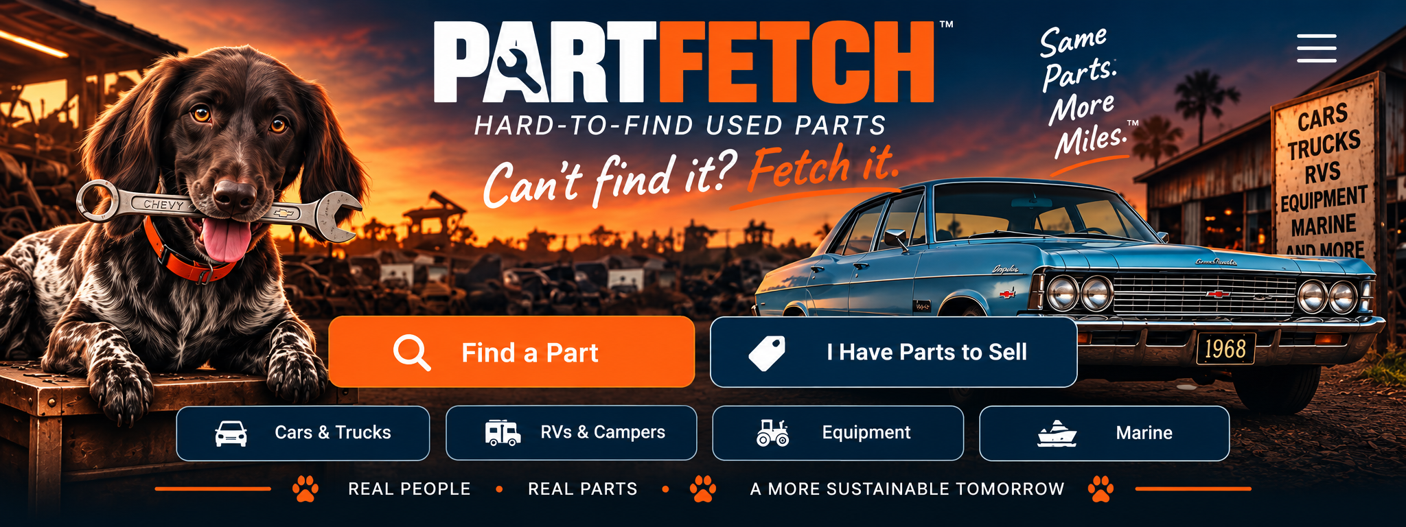 PartFetch — hard-to-find used parts, with the PartFetch dog and a factory-blue 1968 Chevrolet Impala